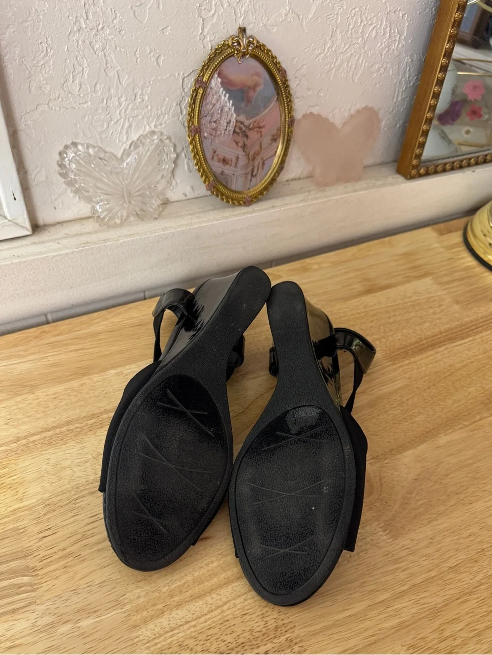 IMPO Black Stretch Slingback Wedge Sandals Size 10 Y2K Peep Toe Comfort Heels